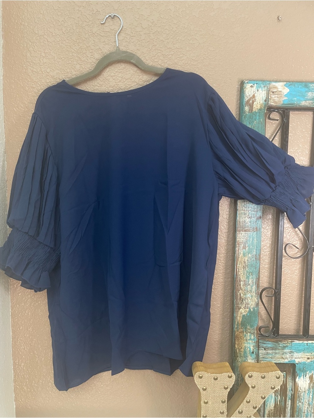 Womens Navy Blue Pleated Sleeve Blouse